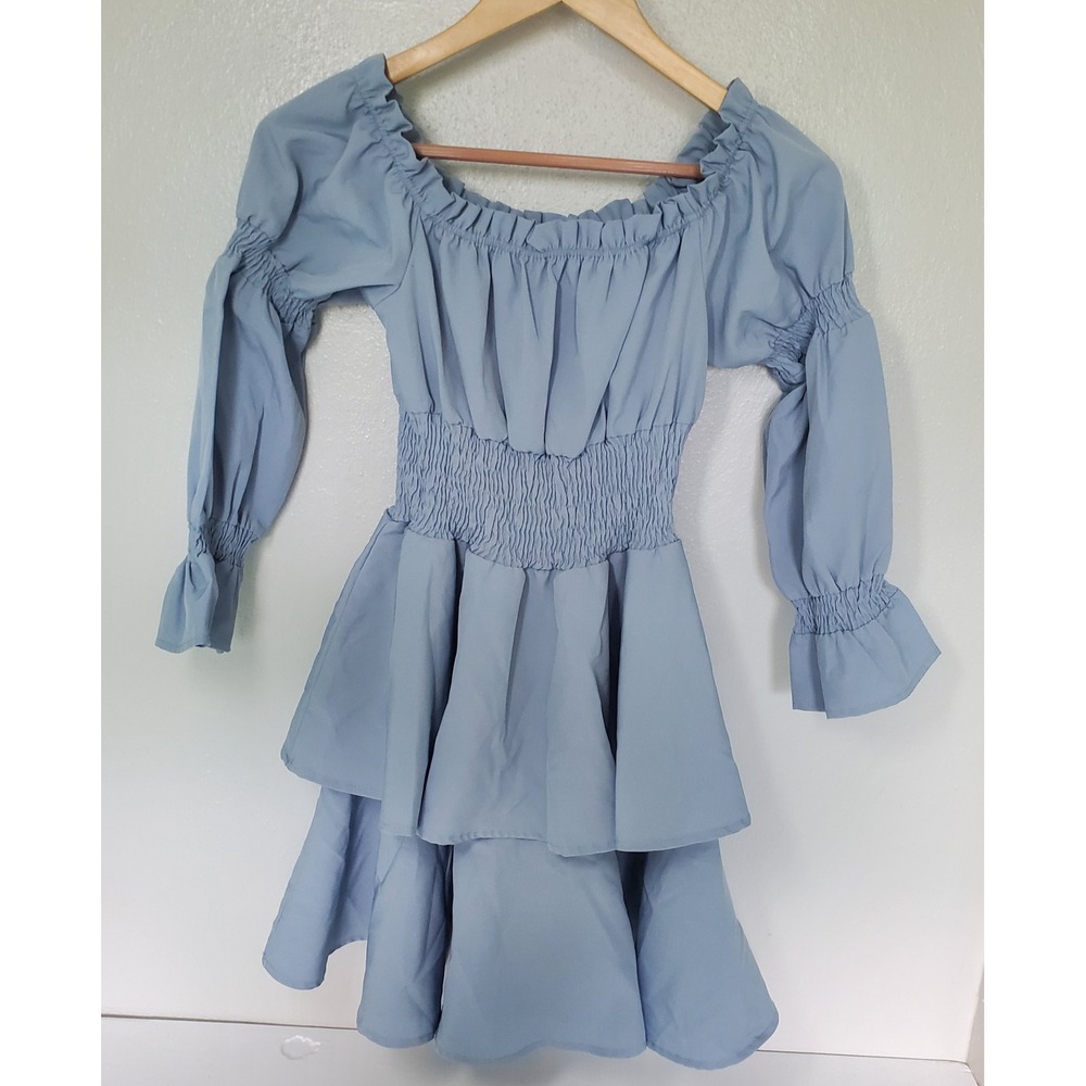 Blue Mini Dress Smocked Tiered Ruffle Long Sleeve US 4 Romantic Picnic Fairycore